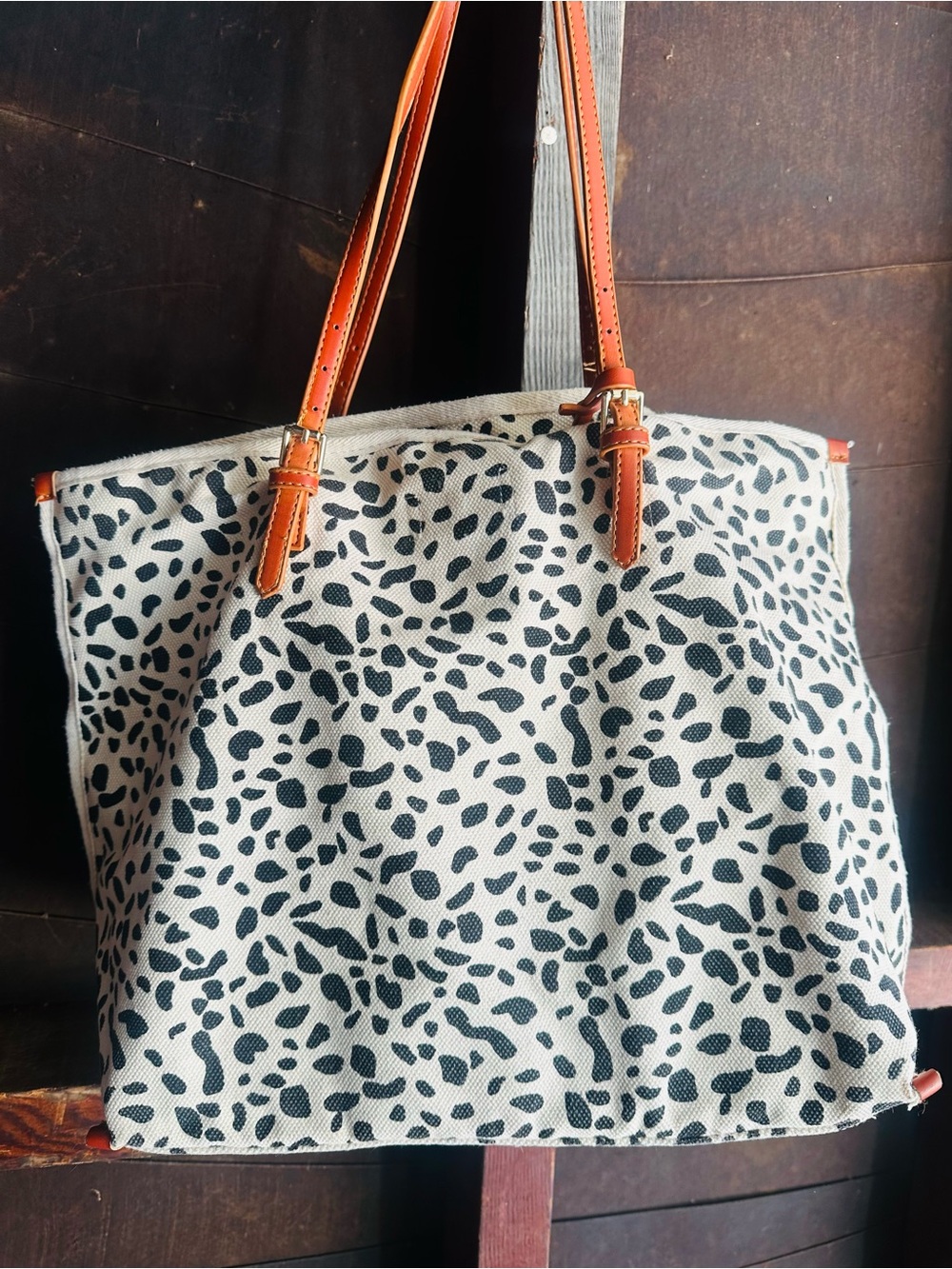 Canvas Spot-Print Tote with Tan Handles